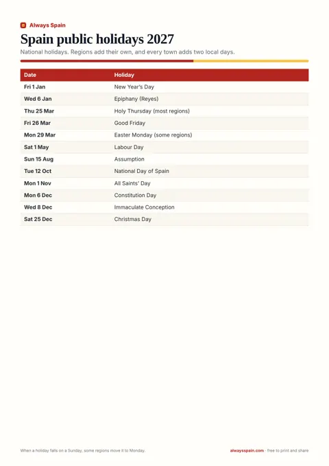 Spain public holidays 2027